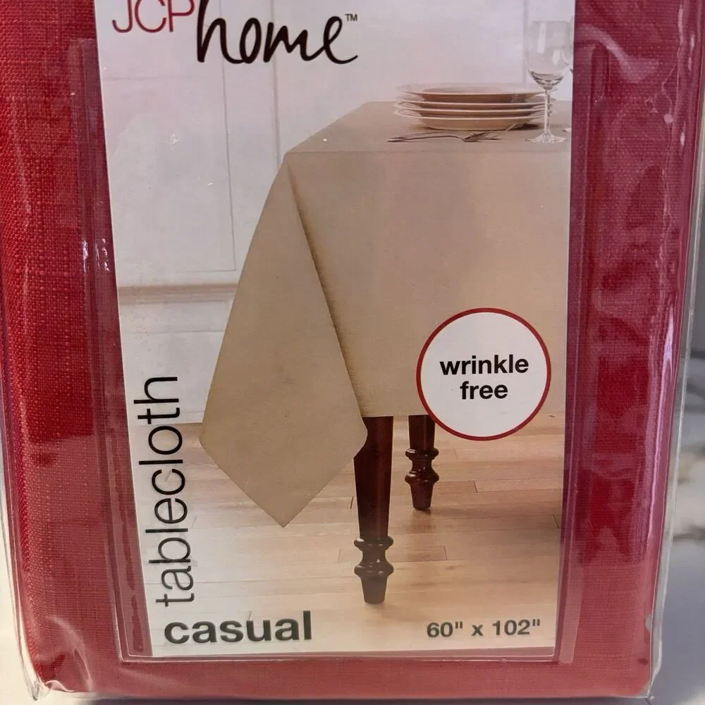 JC PENNEY Home Casual Solid Fabric Tablecloth Rectangle 60x102 Red Wrinkle Free